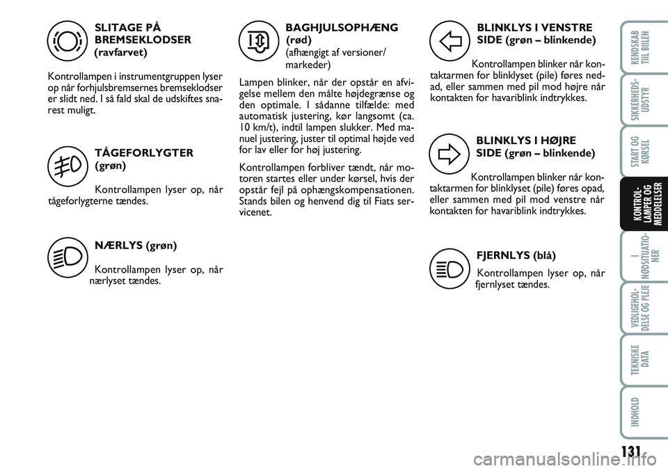 FIAT SCUDO 2012 Brugs- og vedligeholdelsesvejledning (in Danish) 131
I
NØDSITUATIO-
NER
VEDLIGEHOL-
DELSE OG PLEJE
TEKNISKE
D ATA
INDHOLD
KENDSKAB
TIIL BIILEN
SIKKERHEDS-
UDSTYR
START OG
KØRSEL
KONTROL-
LAMPER OG
MEDDELELSER
SLITAGE PÅ
BREMSEKLODSER
(ravfarvet) FIAT SCUDO 2012 Brugs- og vedligeholdelsesvejledning (in Danish) 131
I
NØDSITUATIO-
NER
VEDLIGEHOL-
DELSE OG PLEJE
TEKNISKE
D ATA
INDHOLD
KENDSKAB
TIIL BIILEN
SIKKERHEDS-
UDSTYR
START OG
KØRSEL
KONTROL-
LAMPER OG
MEDDELELSER
SLITAGE PÅ
BREMSEKLODSER
(ravfarvet)