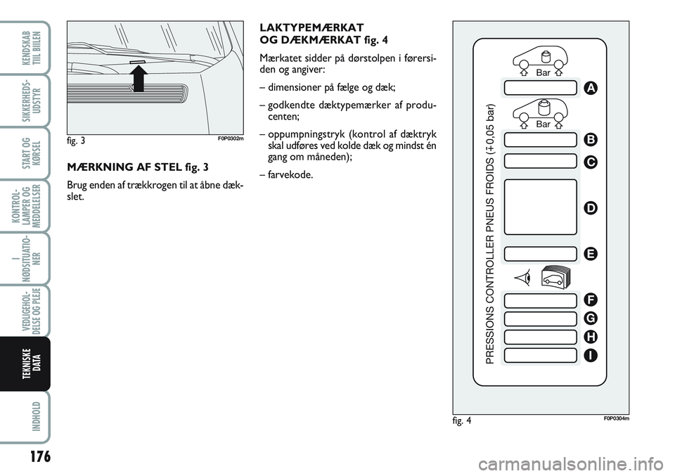 FIAT SCUDO 2012 Brugs- og vedligeholdelsesvejledning (in Danish) LAKTYPEMÆRKAT
OG DÆKMÆRKAT fig. 4
Mærkatet sidder på dørstolpen i førersi-
den og angiver:
– dimensioner på fælge og dæk;
– godkendte dæktypemærker af produ-
centen;
– oppumpningstr FIAT SCUDO 2012 Brugs- og vedligeholdelsesvejledning (in Danish) LAKTYPEMÆRKAT
OG DÆKMÆRKAT fig. 4
Mærkatet sidder på dørstolpen i førersi-
den og angiver:
– dimensioner på fælge og dæk;
– godkendte dæktypemærker af produ-
centen;
– oppumpningstr