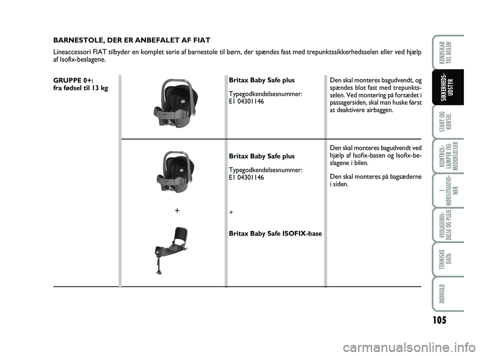FIAT SCUDO 2013  Brugs- og vedligeholdelsesvejledning (in Danish) 105
START OG
KØRSEL
KONTROL-
LAMPER OG
MEDDELELSER
I
NØDSITUATIO-
NER
VEDLIGEHOL-
DELSE OG PLEJE 
TEKNISKE
D ATA
INDHOLD
KENDSKAB 
TIIL BIILEN
SIKKERHEDS-
UDSTYR
BARNESTOLE, DER ER ANBEFALET AF FIAT