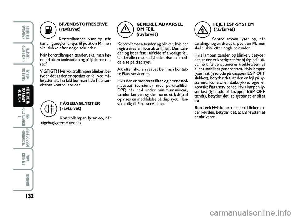 FIAT SCUDO 2013 Brugs- og vedligeholdelsesvejledning (in Danish) K
BRÆNDSTOFRESERVE
(ravfarvet)
Kontrollampen lyser op, når
tændingsnøglen drejes til position M, men
skal slukke efter nogle sekunder.
Når kontrollampen tænder, skal man kø-
re ind på en tank FIAT SCUDO 2013 Brugs- og vedligeholdelsesvejledning (in Danish) K
BRÆNDSTOFRESERVE
(ravfarvet)
Kontrollampen lyser op, når
tændingsnøglen drejes til position M, men
skal slukke efter nogle sekunder.
Når kontrollampen tænder, skal man kø-
re ind på en tank