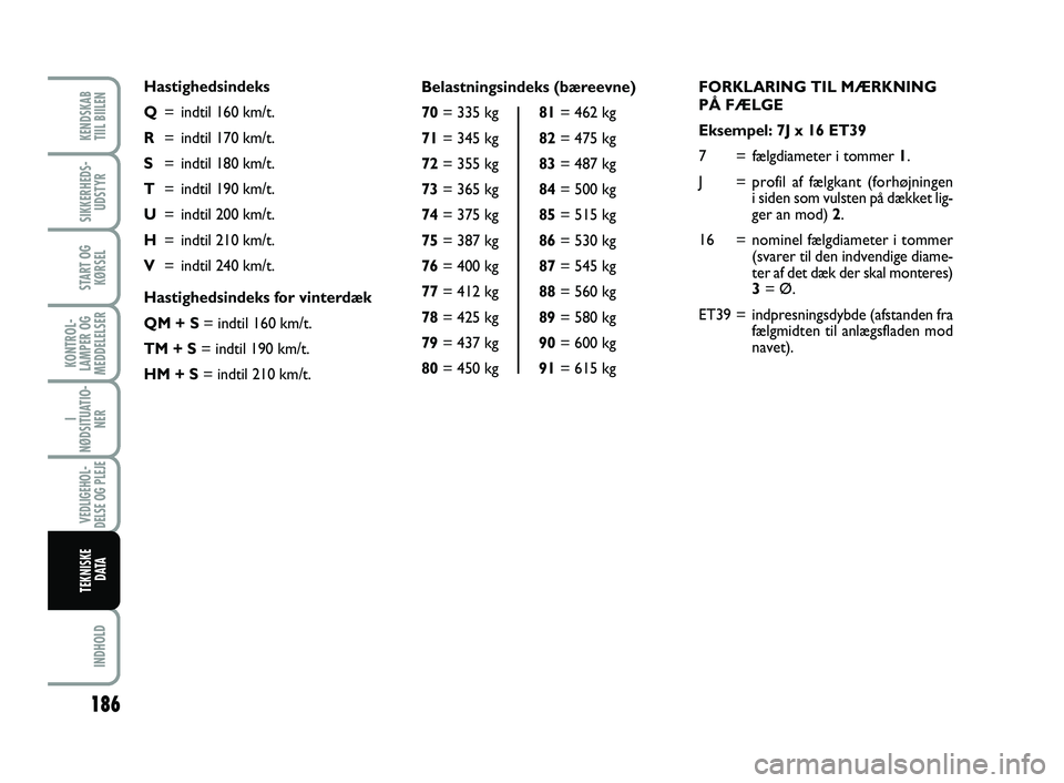 FIAT SCUDO 2013 Brugs- og vedligeholdelsesvejledning (in Danish) FORKLARING TIL MÆRKNING
PÅ FÆLGE
Eksempel: 7J x 16 ET39
7 = fælgdiameter i tommer 1.
J = profil af fælgkant (forhøjningen
i siden som vulsten på dækket lig-
ger an mod) 2.
16 = nominel fælg FIAT SCUDO 2013 Brugs- og vedligeholdelsesvejledning (in Danish) FORKLARING TIL MÆRKNING
PÅ FÆLGE
Eksempel: 7J x 16 ET39
7 = fælgdiameter i tommer 1.
J = profil af fælgkant (forhøjningen
i siden som vulsten på dækket lig-
ger an mod) 2.
16 = nominel fælg