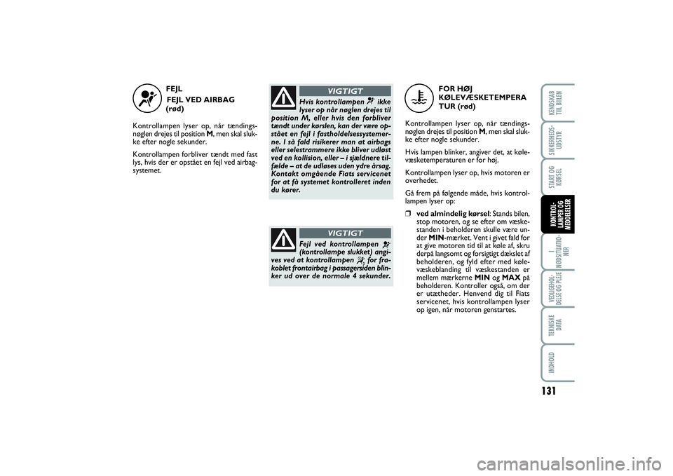 FIAT SCUDO 2014  Brugs- og vedligeholdelsesvejledning (in Danish) 131
I
NØDSITUATIO-
NERVEDLIGEHOL-
DELSE OG PLEJE TEKNISKE
D ATAINDHOLDKENDSKAB 
TIIL BIILENSIKKERHEDS-
UDSTYRSTART OG
KØRSELKONTROL-
LAMPER OG
MEDDELELSER
FEJL
FEJL VED AIRBAG 
(rød)
Kontrollampen 