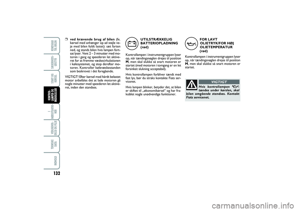 FIAT SCUDO 2014  Brugs- og vedligeholdelsesvejledning (in Danish) FOR LAVT 
OLIETRYK/FOR HØJ
OLIETEMPERATUR
(rød)
Kontrollampen i instrumentgruppen lyser
op, når tændingsnøglen drejes til position
M, men skal slukke så snart motoren er
startet.
v
Hvis kontroll