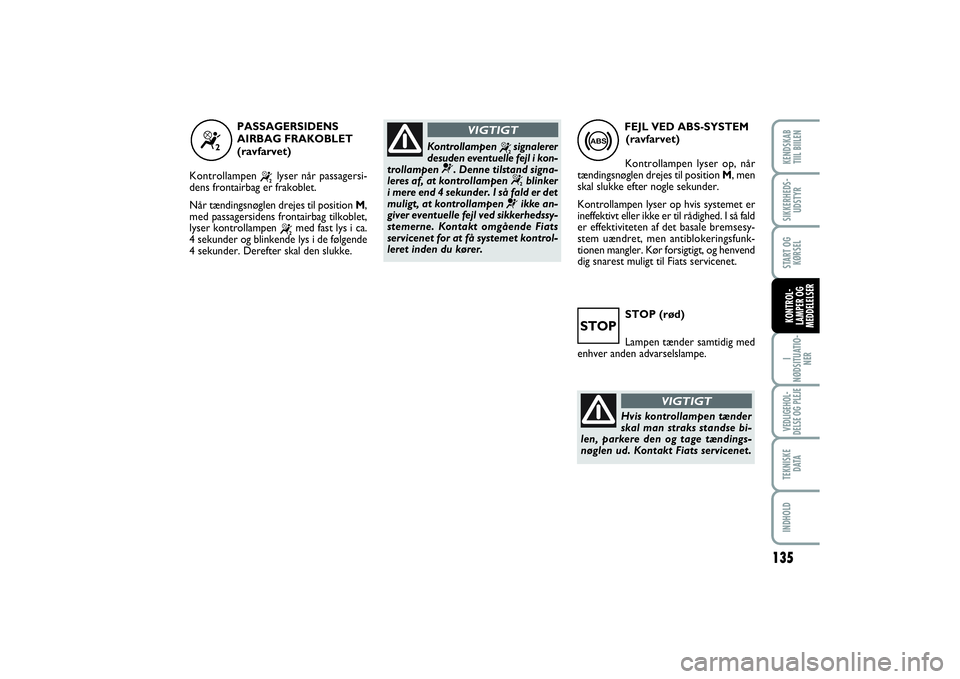 FIAT SCUDO 2014  Brugs- og vedligeholdelsesvejledning (in Danish) STOP (rød)
Lampen tænder samtidig med
enhver anden advarselslampe.
STOP
“
PASSAGERSIDENS
AIRBAG FRAKOBLET
(ravfarvet)
Kontrollampen 
“
lyser når passagersi-
dens frontairbag er frakoblet. 
Når