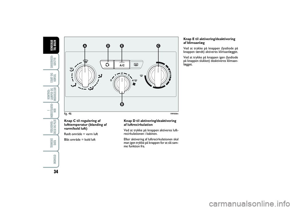 FIAT SCUDO 2014  Brugs- og vedligeholdelsesvejledning (in Danish) 34
I
NØDSITUATIO-
NERVEDLIGEHOL-
DELSE OG PLEJE TEKNISKE
D ATAINDHOLDSIKKERHEDS-
UDSTYRSTART OG
KØRSELKONTROL-
LAMPER OG
MEDDELELSERKENDSKAB 
TIIL BIILEN
Knap C til regulering af
lufttemperatur (bla