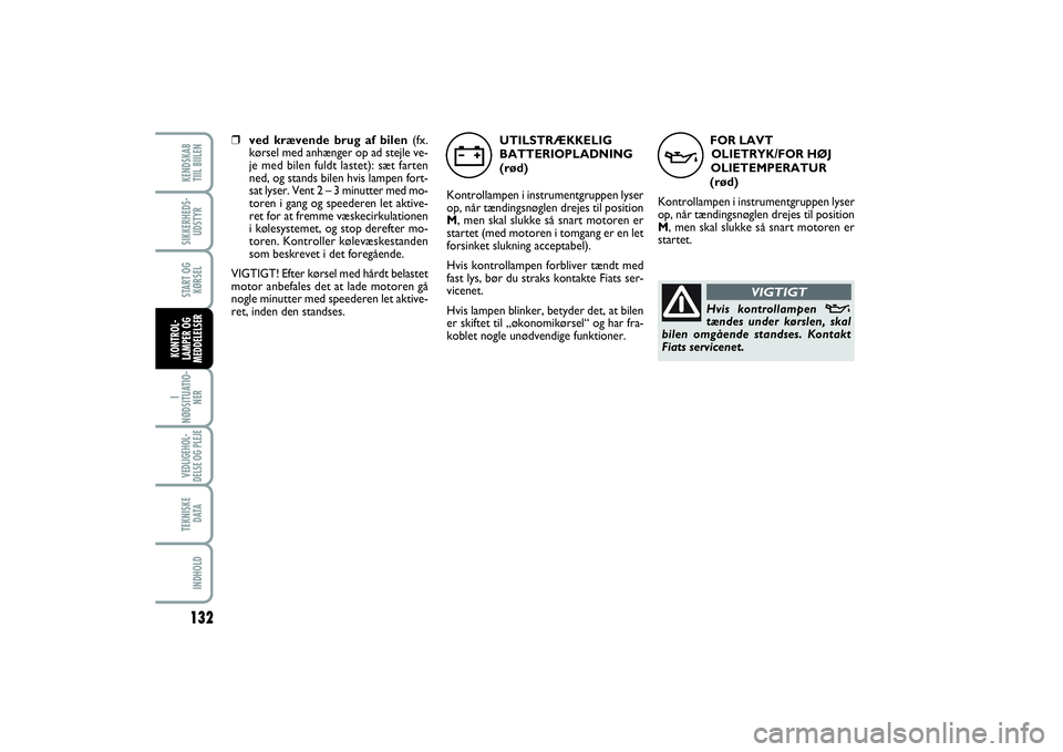 FIAT SCUDO 2015 Brugs- og vedligeholdelsesvejledning (in Danish) FOR LAVT
OLIETRYK/FOR HØJ
OLIETEMPERATUR
(rød)
Kontrollampen i instrumentgruppen lyser
op, når tændingsnøglen drejes til position
M, men skal slukke så snart motoren er
startet.
v
Hvis kontroll FIAT SCUDO 2015 Brugs- og vedligeholdelsesvejledning (in Danish) FOR LAVT
OLIETRYK/FOR HØJ
OLIETEMPERATUR
(rød)
Kontrollampen i instrumentgruppen lyser
op, når tændingsnøglen drejes til position
M, men skal slukke så snart motoren er
startet.
v
Hvis kontroll