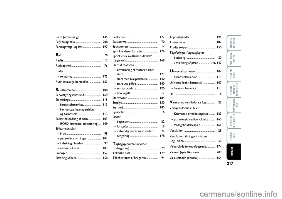 FIAT SCUDO 2016  Brugs- og vedligeholdelsesvejledning (in Danish) 217
KONTROL-
LAMPER OG
MEDDELELSERKENDSKAB 
TIIL BIILENSIKKERHEDS-
UDSTYRSTART OG
KØRSELI
NØDSITUATIO-
NERVEDLIGEHOL-
DELSE OG PLEJETEKNISKE
D ATAINDHOLD
Snekæder...................................