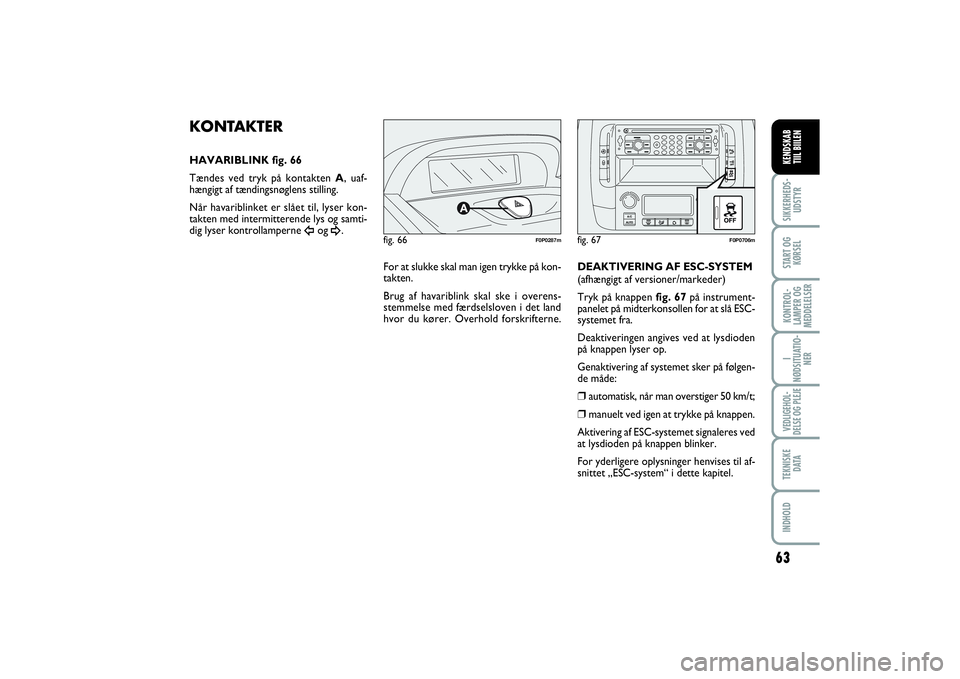 FIAT SCUDO 2016  Brugs- og vedligeholdelsesvejledning (in Danish) 63
I
NØDSITUATIO-
NERVEDLIGEHOL-
DELSE OG PLEJE TEKNISKE
D ATAINDHOLDSIKKERHEDS-
UDSTYRSTART OG
KØRSELKONTROL-
LAMPER OG
MEDDELELSERKENDSKAB 
TIIL BIILEN
fig. 66
F0P0287m
KONTAKTERHAVARIBLINK fig. 6