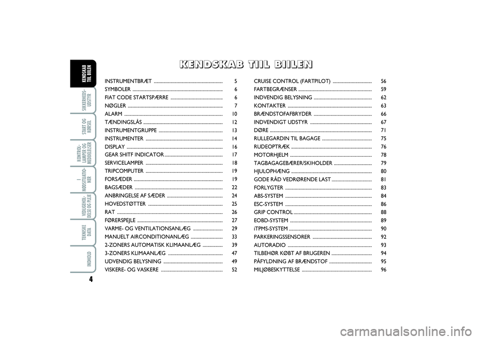FIAT SCUDO 2016  Brugs- og vedligeholdelsesvejledning (in Danish) 4
I
NØDSITUATIO-
NERVEDLIGEHOL-
DELSE OG PLEJE TEKNISKE
D ATAINDHOLDSIKKERHEDS-
UDSTYRSTART OG
KØRSELKONTROL-
LAMPER OG
MEDDELELSERKENDSKAB 
TIIL BIILEN
INSTRUMENTBRÆT .............................