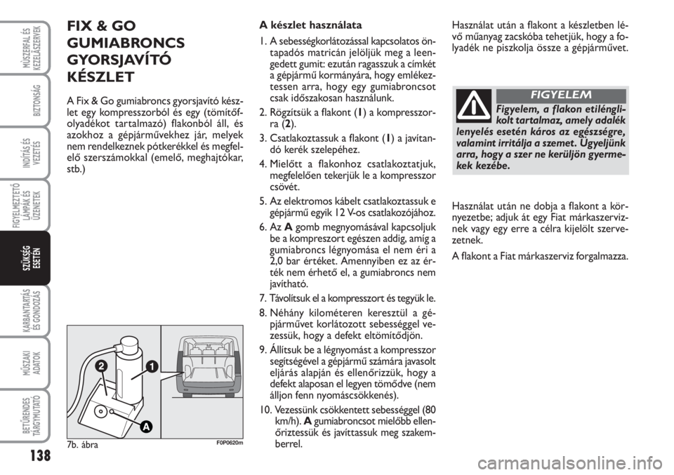 FIAT SCUDO 2011  Kezelési és karbantartási útmutató (in Hungarian) 138
FIGYELMEZTETŐ
LÁMPÁK ÉS
ÜZENETEK
KARBANTARTÁS
ÉS GONDOZÁS
MŰSZAKI 
ADATOK
BETŰRENDES
TÁ R G Y M U TAT Ó
MÙSZERFAL ÉS
KEZELÃSZERVEK
BIZTONSÁG
INDÍTÁS ÉS
VEZETÉS
SZÜKSÉG 
ESET�