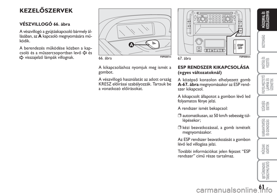 FIAT SCUDO 2011 Kezelési és karbantartási útmutató (in Hungarian) 61
BIZTONSÁG
INDÍTÁS ÉS
VEZETÉS
FIGYELMEZTETŐ
LÁMPÁK ÉS
ÜZENETEK
SZÜKSÉG
ESETÉN
KARBANTARTÁS
ÉS GONDOZÁS
MŰSZAKI
ADATOK
BETŰRENDES
TÁ R G Y M U TAT Ó
MÙSZERFAL ÉS
KEZELÃSZERVE FIAT SCUDO 2011 Kezelési és karbantartási útmutató (in Hungarian) 61
BIZTONSÁG
INDÍTÁS ÉS
VEZETÉS
FIGYELMEZTETŐ
LÁMPÁK ÉS
ÜZENETEK
SZÜKSÉG
ESETÉN
KARBANTARTÁS
ÉS GONDOZÁS
MŰSZAKI
ADATOK
BETŰRENDES
TÁ R G Y M U TAT Ó
MÙSZERFAL ÉS
KEZELÃSZERVE