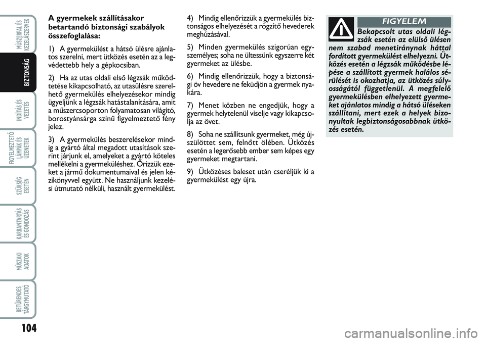 FIAT SCUDO 2012 Kezelési és karbantartási útmutató (in Hungarian) 104
INDÍTÁS ÉS
VEZETÉS
FIGYELMEZTETŐ
LÁMPÁK ÉS
ÜZENETEK
SZÜKSÉG
ESETÉN
KARBANTARTÁS
ÉS GONDOZÁS
MŰSZAKI
ADATOK
BETŰRENDES
TÁ R G Y M U TAT Ó
MÙSZERFAL ÉS
KEZELÃSZERVEK
BIZTONS FIAT SCUDO 2012 Kezelési és karbantartási útmutató (in Hungarian) 104
INDÍTÁS ÉS
VEZETÉS
FIGYELMEZTETŐ
LÁMPÁK ÉS
ÜZENETEK
SZÜKSÉG
ESETÉN
KARBANTARTÁS
ÉS GONDOZÁS
MŰSZAKI
ADATOK
BETŰRENDES
TÁ R G Y M U TAT Ó
MÙSZERFAL ÉS
KEZELÃSZERVEK
BIZTONS