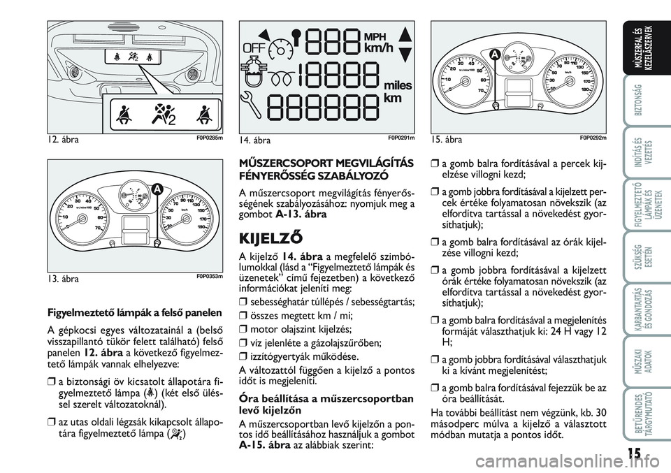 FIAT SCUDO 2012 Kezelési és karbantartási útmutató (in Hungarian) 15
BIZTONSÁG
INDÍTÁS ÉS
VEZETÉS
FIGYELMEZTETŐ
LÁMPÁK ÉS
ÜZENETEK
SZÜKSÉG
ESETÉN
KARBANTARTÁS
ÉS GONDOZÁS
MŰSZAKI
ADATOK
BETŰRENDES
TÁ R G Y M U TAT Ó
MÙSZERFAL ÉS
KEZELÃSZERVE FIAT SCUDO 2012 Kezelési és karbantartási útmutató (in Hungarian) 15
BIZTONSÁG
INDÍTÁS ÉS
VEZETÉS
FIGYELMEZTETŐ
LÁMPÁK ÉS
ÜZENETEK
SZÜKSÉG
ESETÉN
KARBANTARTÁS
ÉS GONDOZÁS
MŰSZAKI
ADATOK
BETŰRENDES
TÁ R G Y M U TAT Ó
MÙSZERFAL ÉS
KEZELÃSZERVE