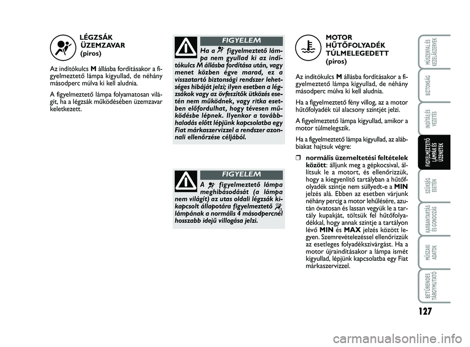 FIAT SCUDO 2013  Kezelési és karbantartási útmutató (in Hungarian) 127
SZÜKSÉG 
ESETÉN
KARBANTARTÁS
ÉS GONDOZÁS
MŰSZAKI 
ADATOK
BETŰRENDES
TÁ R G Y M U TAT Ó
MÙSZERFAL ÉS
KEZELÃSZERVEK
BIZTONSÁG
INDÍTÁS ÉS
VEZETÉS
FIGYELMEZTETŐ
LÁMPÁK ÉS
ÜZENET