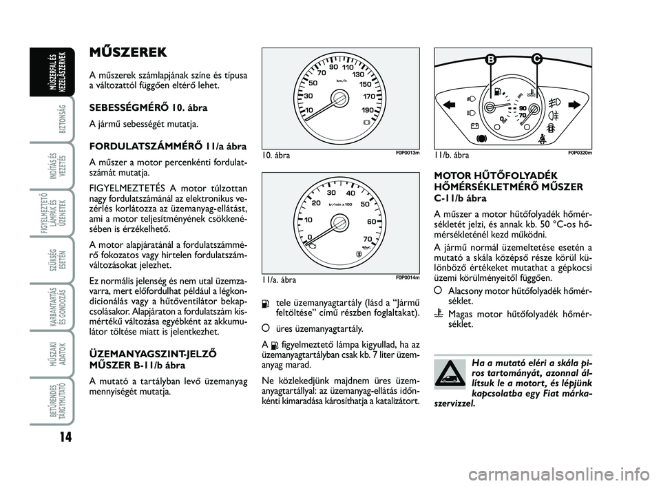 FIAT SCUDO 2013 Kezelési és karbantartási útmutató (in Hungarian) MŰSZEREK
A műszerek számlapjának színe és típusa
a változattól függően eltérő lehet.
SEBESSÉGMÉRŐ 10. ábra
A jármű sebességét mutatja.
FORDULATSZÁMMÉRŐ 11/a ábra
A műszer a m FIAT SCUDO 2013 Kezelési és karbantartási útmutató (in Hungarian) MŰSZEREK
A műszerek számlapjának színe és típusa
a változattól függően eltérő lehet.
SEBESSÉGMÉRŐ 10. ábra
A jármű sebességét mutatja.
FORDULATSZÁMMÉRŐ 11/a ábra
A műszer a m