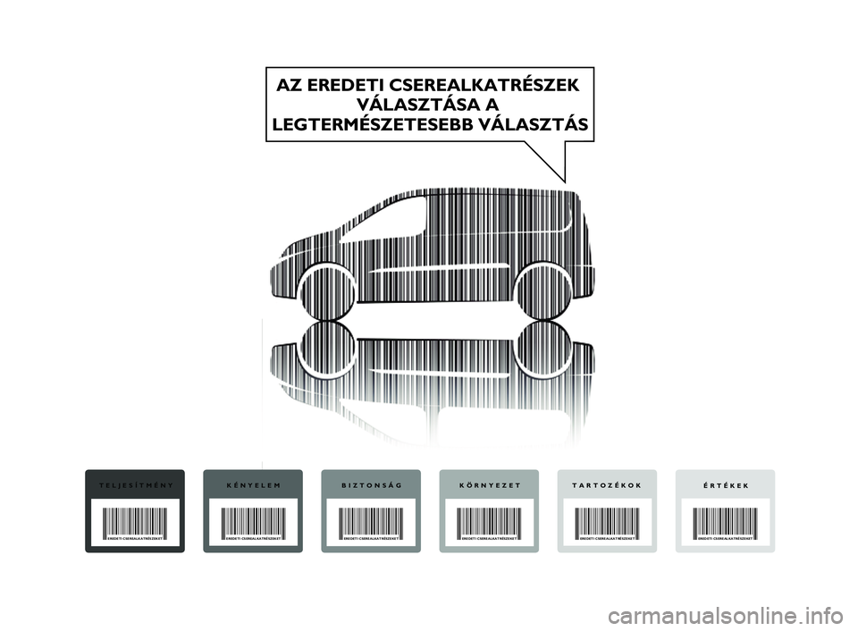 FIAT SCUDO 2013  Kezelési és karbantartási útmutató (in Hungarian) AZ EREDETI CSEREALKATRÉSZEK 
VÁLASZTÁSA A 
LEGTERMÉSZETESEBB VÁLASZTÁS
TELJESÍTMÉNY
EREDETI CSEREALKATRÉSZEKET
KÉNYELEM
EREDETI CSEREALKATRÉSZEKET
BIZTONSÁG
EREDETI CSEREALKATRÉSZEKET
KÖ