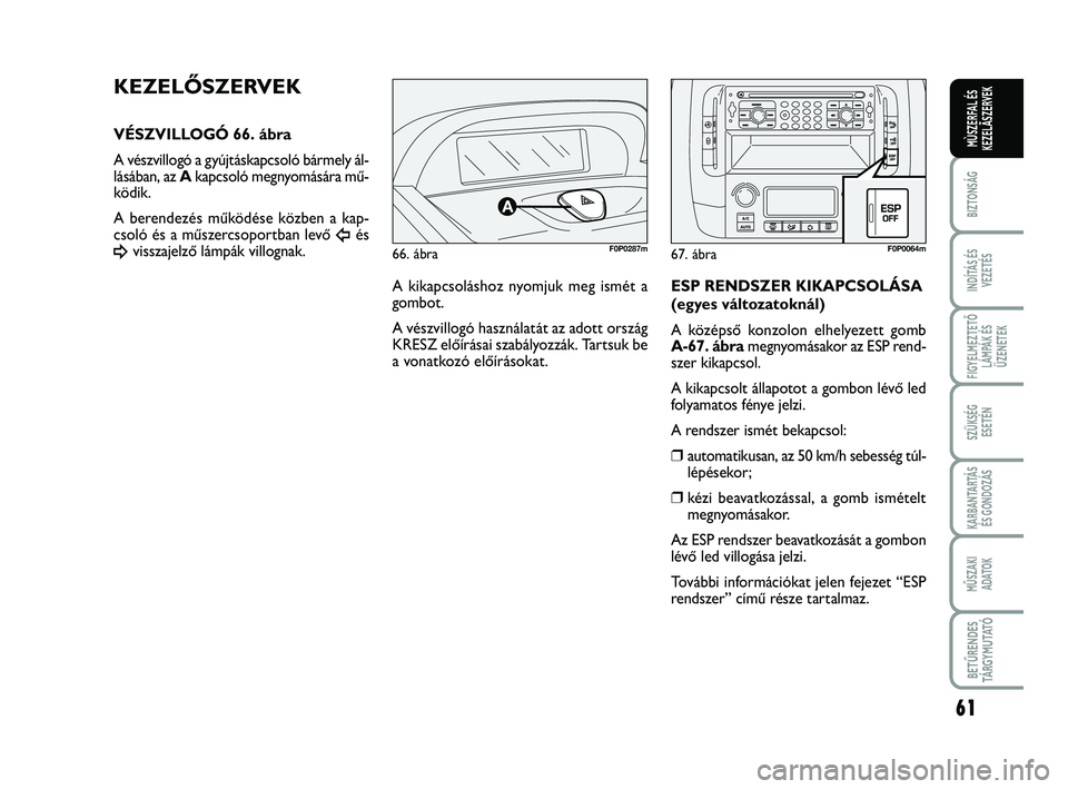 FIAT SCUDO 2013 Kezelési és karbantartási útmutató (in Hungarian) 61
BIZTONSÁG
INDÍTÁS ÉS
VEZETÉS
FIGYELMEZTETŐ
LÁMPÁK ÉS
ÜZENETEK
SZÜKSÉG
ESETÉN
KARBANTARTÁS
ÉS GONDOZÁS
MŰSZAKI
ADATOK
BETŰRENDES
TÁ R G Y M U TAT Ó
MÙSZERFAL ÉS
KEZELÃSZERVE FIAT SCUDO 2013 Kezelési és karbantartási útmutató (in Hungarian) 61
BIZTONSÁG
INDÍTÁS ÉS
VEZETÉS
FIGYELMEZTETŐ
LÁMPÁK ÉS
ÜZENETEK
SZÜKSÉG
ESETÉN
KARBANTARTÁS
ÉS GONDOZÁS
MŰSZAKI
ADATOK
BETŰRENDES
TÁ R G Y M U TAT Ó
MÙSZERFAL ÉS
KEZELÃSZERVE