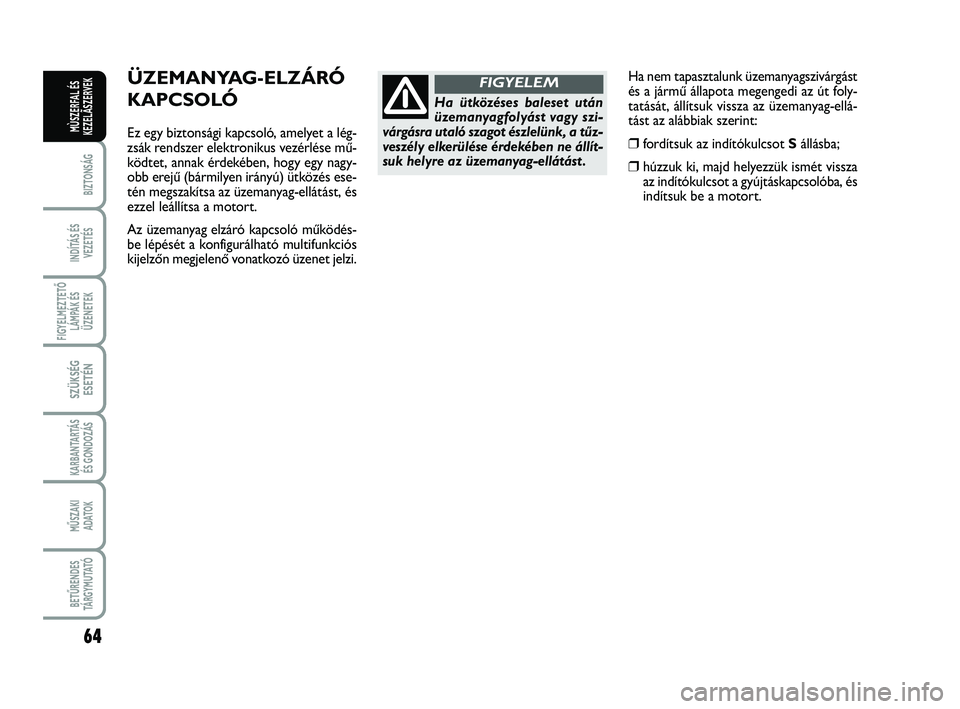 FIAT SCUDO 2013 Kezelési és karbantartási útmutató (in Hungarian) 64
BIZTONSÁG
INDÍTÁS ÉS VEZETÉS
FIGYELMEZTETŐ LÁMPÁK ÉSÜZENETEK
SZÜKSÉG ESETÉN
KARBANTARTÁS ÉS GONDOZÁS
MŰSZAKI ADATOK
BETŰRENDES TÁ R G Y M U TAT Ó
MÙSZERFAL ÉSKEZELÃSZERVEK
H FIAT SCUDO 2013 Kezelési és karbantartási útmutató (in Hungarian) 64
BIZTONSÁG
INDÍTÁS ÉS VEZETÉS
FIGYELMEZTETŐ LÁMPÁK ÉSÜZENETEK
SZÜKSÉG ESETÉN
KARBANTARTÁS ÉS GONDOZÁS
MŰSZAKI ADATOK
BETŰRENDES TÁ R G Y M U TAT Ó
MÙSZERFAL ÉSKEZELÃSZERVEK
H
