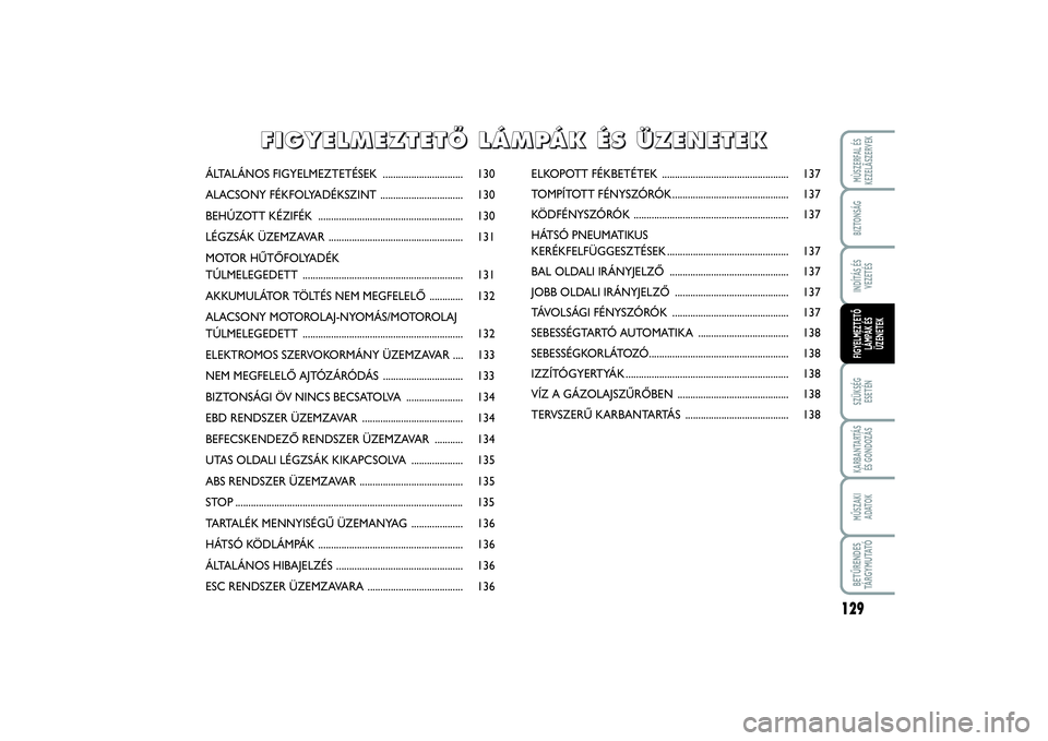 FIAT SCUDO 2014 Kezelési és karbantartási útmutató (in Hungarian) 129
SZÜKSÉG
ESETÉNKARBANTARTÁS
ÉS GONDOZÁSMŰSZAKI
ADATOKBETŰRENDES
TÁ R G Y M U TAT ÓMÙSZERFAL ÉS
KEZELÃSZERVEKBIZTONSÁGINDÍTÁS ÉS
VEZETÉSFIGYELMEZTETŐ
LÁMPÁK ÉS
ÜZENETEK
ÁLT FIAT SCUDO 2014 Kezelési és karbantartási útmutató (in Hungarian) 129
SZÜKSÉG
ESETÉNKARBANTARTÁS
ÉS GONDOZÁSMŰSZAKI
ADATOKBETŰRENDES
TÁ R G Y M U TAT ÓMÙSZERFAL ÉS
KEZELÃSZERVEKBIZTONSÁGINDÍTÁS ÉS
VEZETÉSFIGYELMEZTETŐ
LÁMPÁK ÉS
ÜZENETEK
ÁLT
