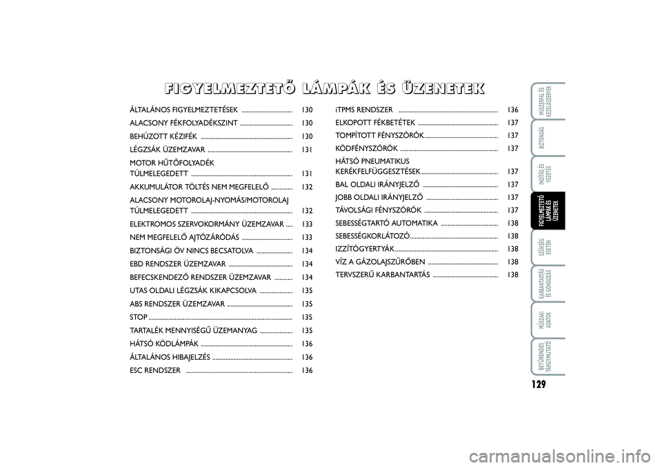 FIAT SCUDO 2015 Kezelési és karbantartási útmutató (in Hungarian) 129
SZÜKSÉG
ESETÉNKARBANTARTÁS
ÉS GONDOZÁSMŰSZAKI
ADATOKBETŰRENDES
TÁ R G Y M U TAT ÓMÙSZERFAL ÉS
KEZELÃSZERVEKBIZTONSÁGINDÍTÁS ÉS
VEZETÉSFIGYELMEZTETŐ
LÁMPÁK ÉS
ÜZENETEK
ÁLT FIAT SCUDO 2015 Kezelési és karbantartási útmutató (in Hungarian) 129
SZÜKSÉG
ESETÉNKARBANTARTÁS
ÉS GONDOZÁSMŰSZAKI
ADATOKBETŰRENDES
TÁ R G Y M U TAT ÓMÙSZERFAL ÉS
KEZELÃSZERVEKBIZTONSÁGINDÍTÁS ÉS
VEZETÉSFIGYELMEZTETŐ
LÁMPÁK ÉS
ÜZENETEK
ÁLT