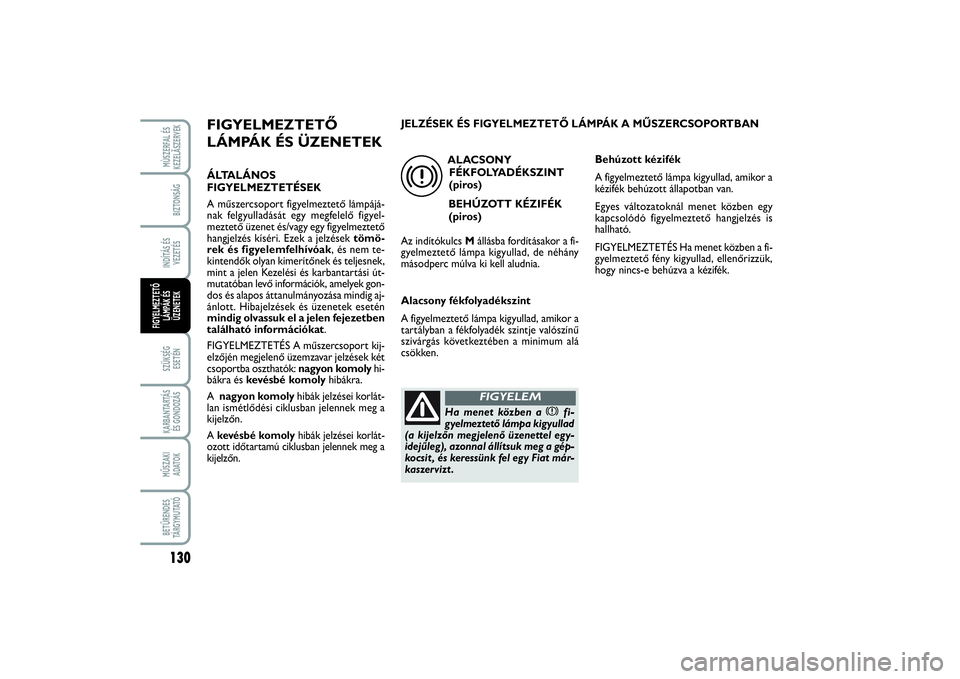 FIAT SCUDO 2016  Kezelési és karbantartási útmutató (in Hungarian) 130SZÜKSÉG 
ESETÉNKARBANTARTÁS
ÉS GONDOZÁSMŰSZAKI 
ADATOKBETŰRENDES
TÁ R G Y M U TAT ÓMÙSZERFAL ÉS
KEZELÃSZERVEKBIZTONSÁGINDÍTÁS ÉS
VEZETÉSFIGYELMEZTETŐ
LÁMPÁK ÉS
ÜZENETEK
FIGYE