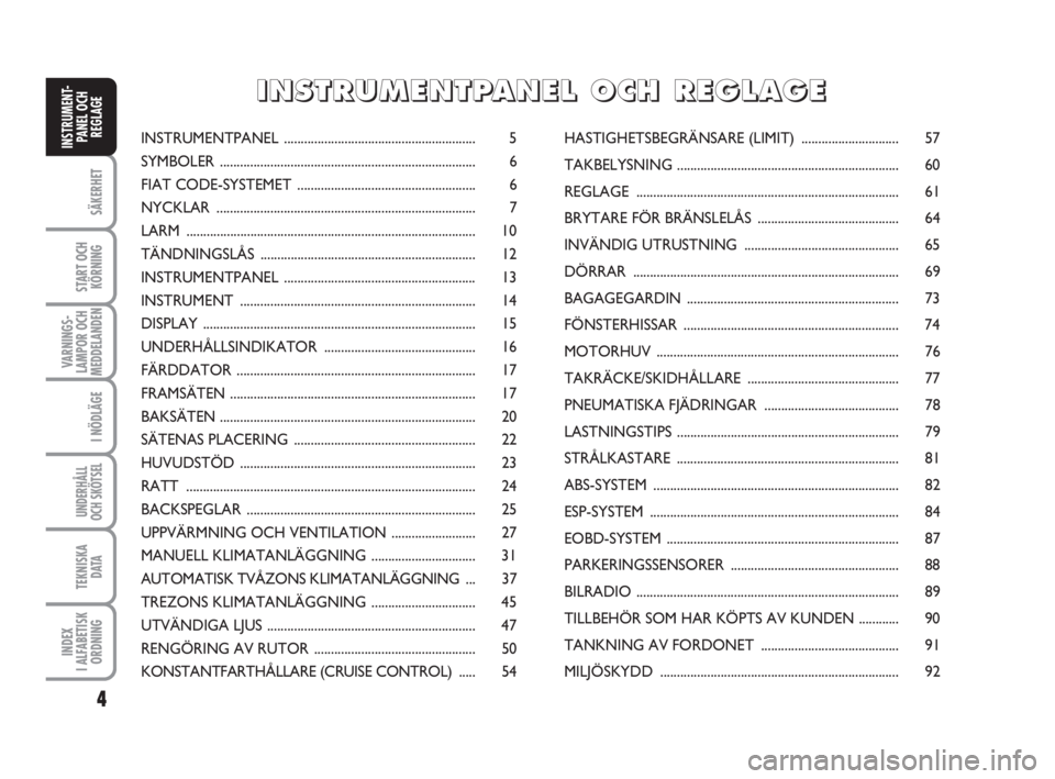 FIAT SCUDO 2014  Drift- och underhållshandbok (in Swedish) 4
SÄKERHET
START OCH
KÖRNING
VARNINGS-
LAMPOR OCH
MEDDELANDEN
I NÖDLÄGE
UNDERHÅLL
OCH SKÖTSEL 
TEKNISKA 
D ATA
INDEX 
I ALFABETISK
ORDNING
INSTRUMENT-
PANEL OCH
REGLAGEINSTRUMENTPANEL ..........