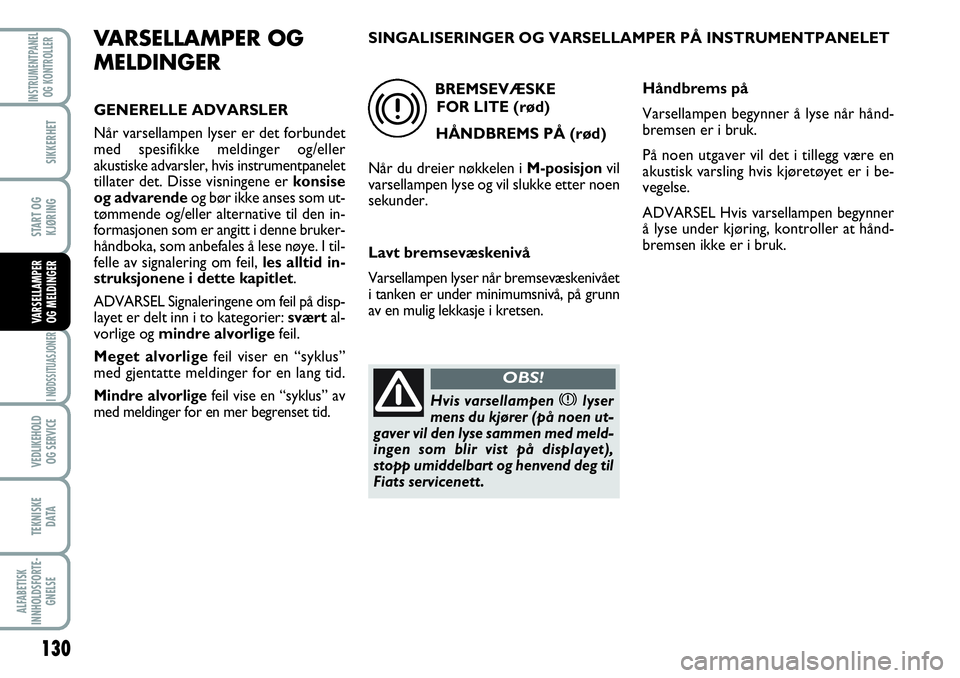 FIAT SCUDO 2015  Drift- og vedlikeholdshåndbok (in Norwegian) 130
I NØDSSITUASJONER
VEDLIKEHOLD
OG SERVICE 
TEKNISKE
D ATA
ALFABETISK
INNHOLDSFORTE-
GNELSE
INSTRUMENTPANEL
OG KONTROLLER
SIKKERHET
START OG
KJØRING
VARSELLAMPER
OG MELDINGER
VARSELLAMPER OG
MELDI
