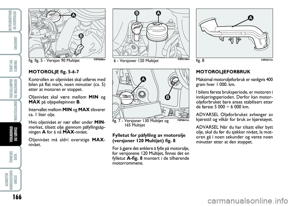 FIAT SCUDO 2015  Drift- og vedlikeholdshåndbok (in Norwegian) Fylletut for påfylling av motorolje
(versjoner 120 Multijet) fig. 8
For å gjøre det enklere å fylle på motorolje,
for versjonene 120 Multijet, finnes det en
fylletut A-fig. 8montert i de tilhøre