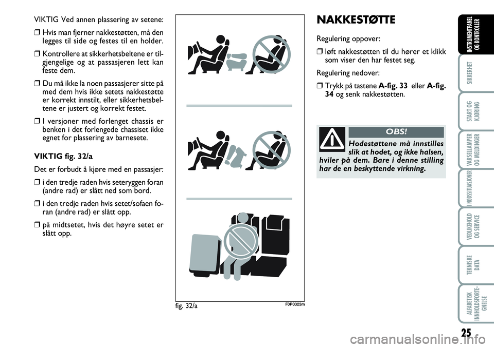 FIAT SCUDO 2016 Drift- og vedlikeholdshåndbok (in Norwegian) 25
SIKKERHET
START OG
KJØRING
VARSELLAMPER
OG MELDINGER
I NØDSSITUASJONER
VEDLIKEHOLD
OG SERVICE
TEKNISKE
D ATA
ALFABETISK
INNHOLDSFORTE-
GNELSE
INSTRUMENTPANEL
OG KONTROLLER
NAKKESTØTTE
Regulerin FIAT SCUDO 2016 Drift- og vedlikeholdshåndbok (in Norwegian) 25
SIKKERHET
START OG
KJØRING
VARSELLAMPER
OG MELDINGER
I NØDSSITUASJONER
VEDLIKEHOLD
OG SERVICE
TEKNISKE
D ATA
ALFABETISK
INNHOLDSFORTE-
GNELSE
INSTRUMENTPANEL
OG KONTROLLER
NAKKESTØTTE
Regulerin
