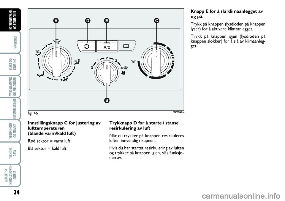 FIAT SCUDO 2015  Drift- og vedlikeholdshåndbok (in Norwegian) 34
SIKKERHET
START OG
KJØRING
VARSELLAMPER
OG MELDINGER
I NØDSSITUASJONER
VEDLIKEHOLD
OG SERVICE 
TEKNISKE
D ATA
ALFABETISK
INNHOLDSFORTE-
GNELSE
INSTRUMENTPANEL
OG KONTROLLER
Innstillingsknapp C fo