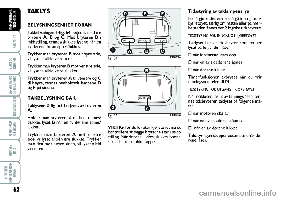 FIAT SCUDO 2015  Drift- og vedlikeholdshåndbok (in Norwegian) 62
SIKKERHET
START OG
KJØRING
VARSELLAMPER
OG MELDINGER
I NØDSSITUASJONER
VEDLIKEHOLD
OG SERVICE 
TEKNISKE
D ATA
ALFABETISK
INNHOLDSFORTE-
GNELSE
INSTRUMENTPANEL
OG KONTROLLER
TAKLYS
BELYSNINGSENHET