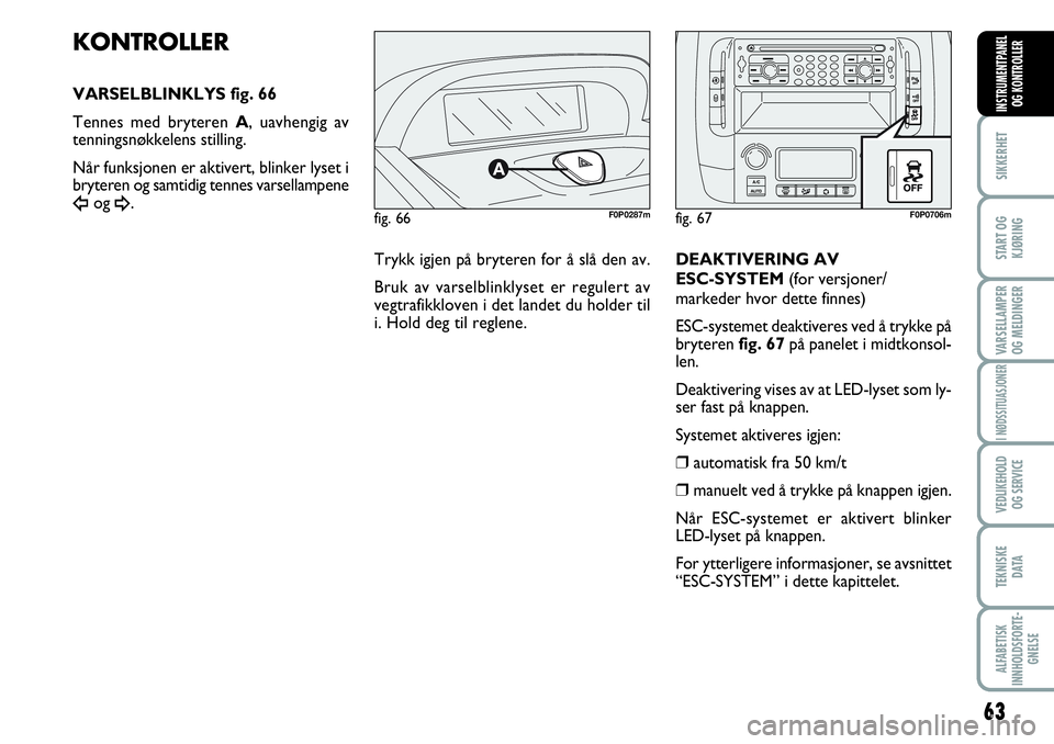 FIAT SCUDO 2015  Drift- og vedlikeholdshåndbok (in Norwegian) 63
SIKKERHET
START OG
KJØRING
VARSELLAMPER
OG MELDINGER
I NØDSSITUASJONER
VEDLIKEHOLD
OG SERVICE 
TEKNISKE
D ATA
ALFABETISK
INNHOLDSFORTE-
GNELSE
INSTRUMENTPANEL
OG KONTROLLER
fig. 66F0P0287m
KONTRO