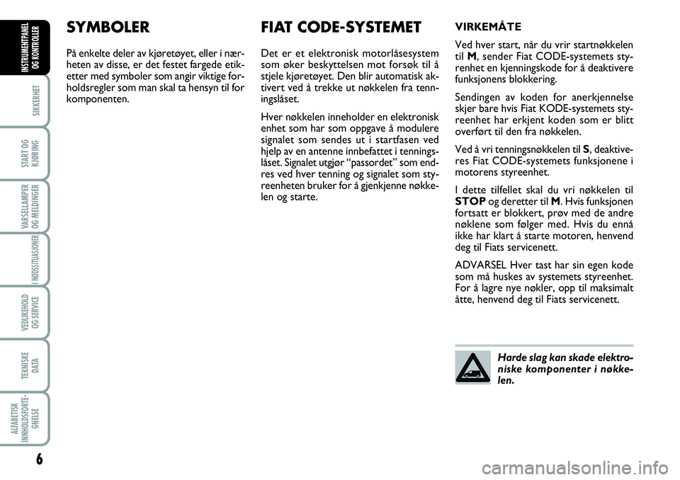 FIAT SCUDO 2015  Drift- og vedlikeholdshåndbok (in Norwegian) 6
SIKKERHET
START OG
KJØRING
VARSELLAMPER
OG MELDINGER
I NØDSSITUASJONER
VEDLIKEHOLD
OG SERVICE 
TEKNISKE
D ATA
ALFABETISK
INNHOLDSFORTE-
GNELSE
INSTRUMENTPANEL
OG KONTROLLER
SYMBOLER
På enkelte de