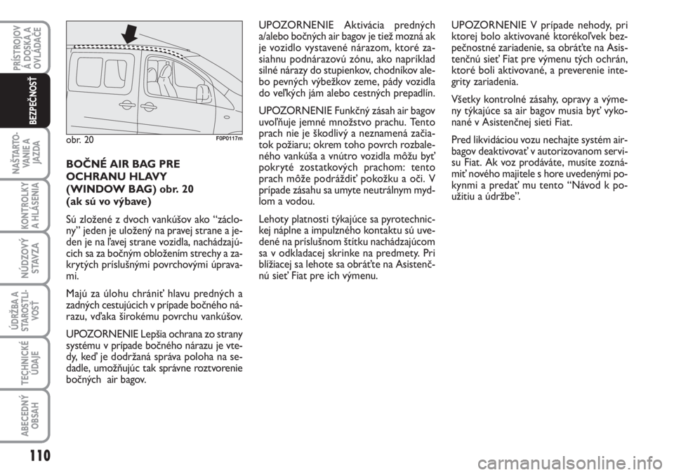 FIAT SCUDO 2011  Návod na použitie a údržbu (in Slovak) BOČNÉ AIR BAG PRE
OCHRANU HLAVY 
(WINDOW BAG) obr. 20
(ak sú vo výbave)
Sú zložené z dvoch vankúšov ako “záclo-
ny” jeden je uložený na pravej strane a je-
den je na ľavej strane vozi