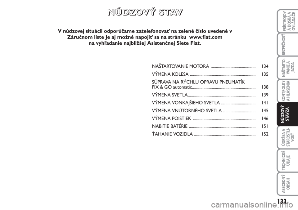 FIAT SCUDO 2011  Návod na použitie a údržbu (in Slovak) NAŠTARTOVANIE MOTORA ........................................... 134
VÝMENA KOLESA ............................................................... 135
SÚPRAVA NA RÝCHLU OPRAVU PNEUMATÍK 
FIX & GO