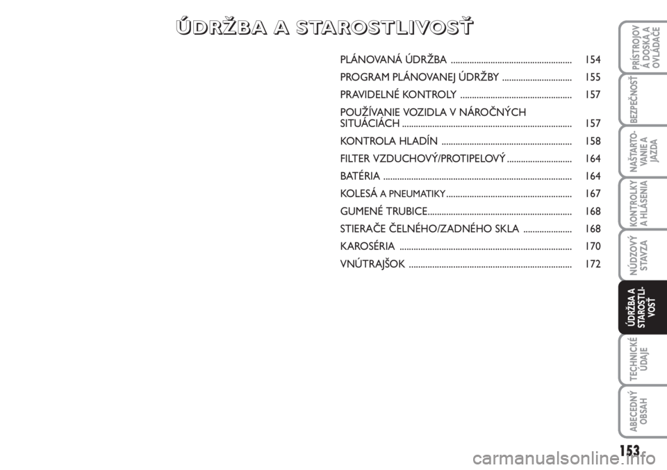FIAT SCUDO 2011  Návod na použitie a údržbu (in Slovak) PLÁNOVANÁ ÚDRŽBA .................................................... 154
PROGRAM PLÁNOVANEJ ÚDRŽBY.............................. 155
PRAVIDELNÉ KONTROLY ......................................