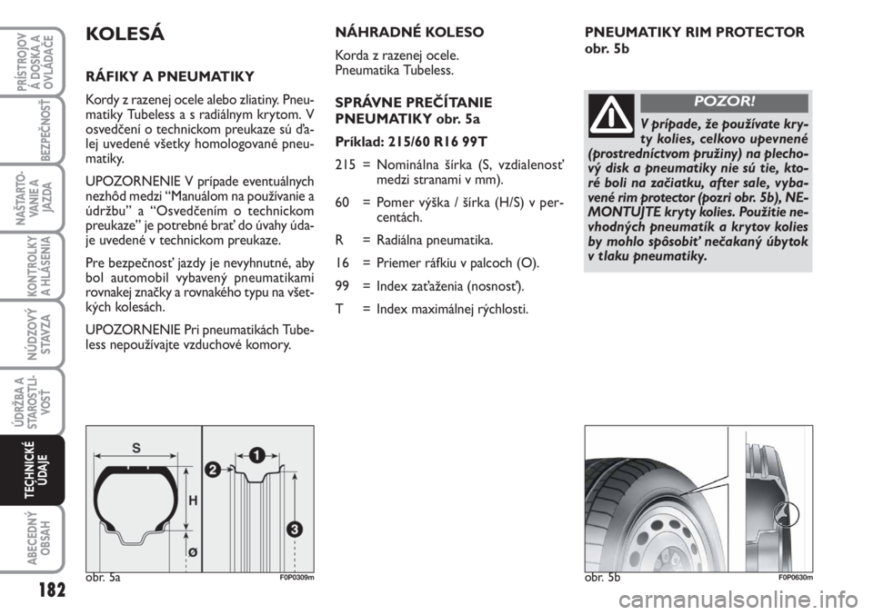 FIAT SCUDO 2011 Návod na použitie a údržbu (in Slovak) PNEUMATIKY RIM PROTECTOR
obr. 5bKOLESÁ
RÁFIKY A PNEUMATIKY
Kordy z razenej ocele alebo zliatiny. Pneu-
matiky Tubeless a s radiálnym krytom. V
osvedčení o technickom preukaze sú ďa-
lej uveden FIAT SCUDO 2011 Návod na použitie a údržbu (in Slovak) PNEUMATIKY RIM PROTECTOR
obr. 5bKOLESÁ
RÁFIKY A PNEUMATIKY
Kordy z razenej ocele alebo zliatiny. Pneu-
matiky Tubeless a s radiálnym krytom. V
osvedčení o technickom preukaze sú ďa-
lej uveden