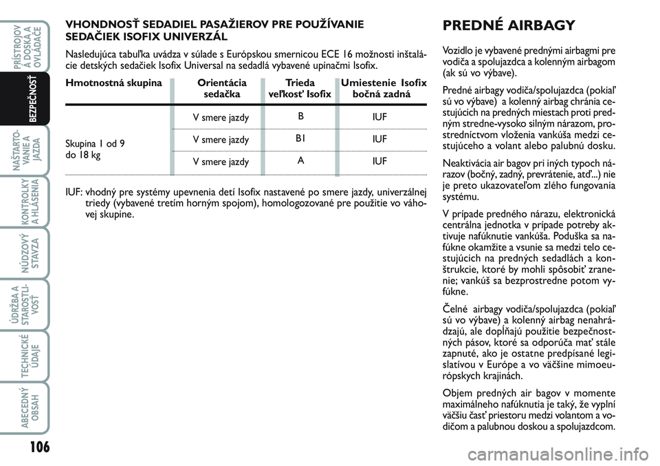 FIAT SCUDO 2012 Návod na použitie a údržbu (in Slovak) PREDNÉ AIRBAGY
Vozidlo je vybavené prednými airbagmi pre
vodiča a spolujazdca a kolenným airbagom
(ak sú vo výbave).
Predné airbagy vodiča/spolujazdca (pokiaľ
sú vo výbave) a kolenný ai FIAT SCUDO 2012 Návod na použitie a údržbu (in Slovak) PREDNÉ AIRBAGY
Vozidlo je vybavené prednými airbagmi pre
vodiča a spolujazdca a kolenným airbagom
(ak sú vo výbave).
Predné airbagy vodiča/spolujazdca (pokiaľ
sú vo výbave) a kolenný ai