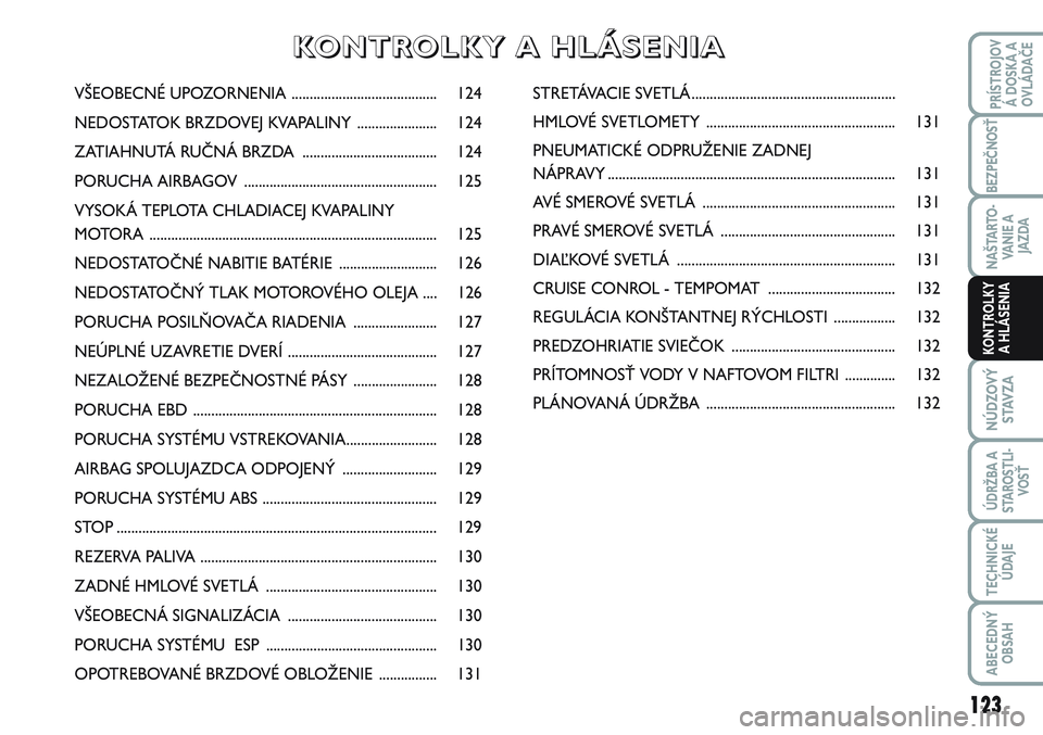 FIAT SCUDO 2012  Návod na použitie a údržbu (in Slovak) 123
NÚDZOVÝ
STAVZA
ÚDRŽBA A
STAROSTLI-
VOSŤ
TECHNICKÉ
ÚDAJE
ABECEDNÝ
OBSAH
PRÍSTROJOV
Á DOSKA A
OVLÁDAČE
BEZPEČNOSŤ
NAŠTARTO-
VA N I E  A
JAZDA
KONTROLKY
A HLÁSENIA 
VŠEOBECNÉ UPOZOR