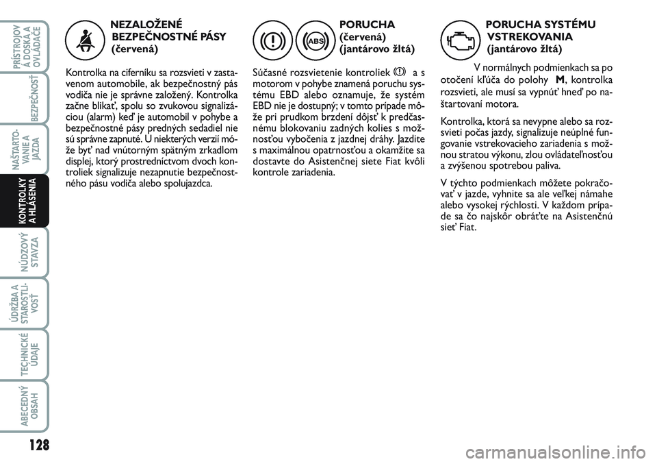 FIAT SCUDO 2012  Návod na použitie a údržbu (in Slovak) 128
NÚDZOVÝ
STAVZA
ÚDRŽBA A
STAROSTLI-
VOSŤ
TECHNICKÉ
ÚDAJE
ABECEDNÝ
OBSAH
PRÍSTROJOV
Á DOSKA A
OVLÁDAČE
BEZPEČNOSŤ
NAŠTARTO-
VA N I E  A
JAZDA
KONTROLKY
A HLÁSENIA 
PORUCHA
(červená