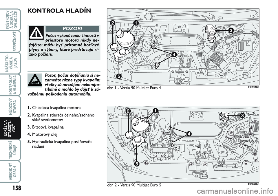 FIAT SCUDO 2012 Návod na použitie a údržbu (in Slovak) KONTROLA HLADÍN
obr. 1 - Verzia 90 Multijet Euro 4
Počas vykonávania činností v
priestore motora nikdy ne-
fajčite: môžu byť prítomné horľavé
plyny a výpary, ktoré predstavujú ri-
ziko FIAT SCUDO 2012 Návod na použitie a údržbu (in Slovak) KONTROLA HLADÍN
obr. 1 - Verzia 90 Multijet Euro 4
Počas vykonávania činností v
priestore motora nikdy ne-
fajčite: môžu byť prítomné horľavé
plyny a výpary, ktoré predstavujú ri-
ziko