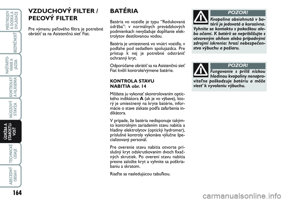 FIAT SCUDO 2012 Návod na použitie a údržbu (in Slovak) BATÉRIA
Batéria vo vozidle je typu “Redukovaná
údržba”: v normálnych prevádzkových
podmienkach nevyžaduje dopĺňanie elek-
trolytov destilovanou vodou.
Batéria je umiestnená vo vnútr FIAT SCUDO 2012 Návod na použitie a údržbu (in Slovak) BATÉRIA
Batéria vo vozidle je typu “Redukovaná
údržba”: v normálnych prevádzkových
podmienkach nevyžaduje dopĺňanie elek-
trolytov destilovanou vodou.
Batéria je umiestnená vo vnútr