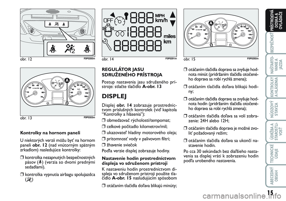 FIAT SCUDO 2012  Návod na použitie a údržbu (in Slovak) Kontrolky na hornom paneli
U niektorých verzií móžu byť na hornom
paneli obr. 12(nad vnútorným spätným
zrkadlom) nasledujúce kontrolky:
❒kontrolka nezapnutých bezpečnostných
pásov (<) 