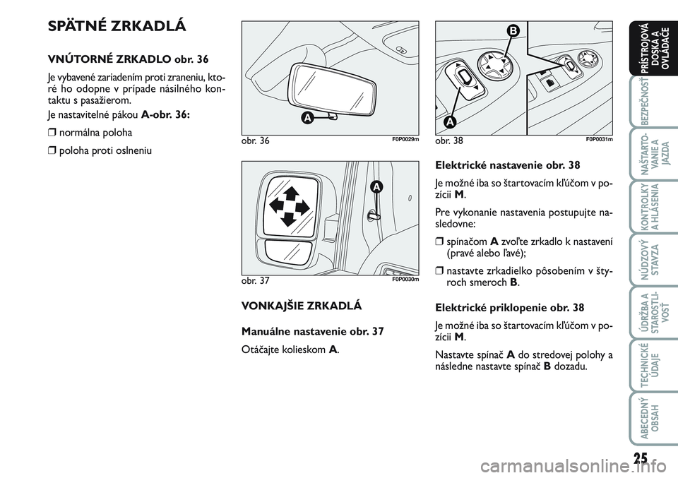 FIAT SCUDO 2012  Návod na použitie a údržbu (in Slovak) 25
BEZPEČNOSŤ
NAŠTARTO-
VA N I E  A
JAZDA
KONTROLKY
A HLÁSENIA 
NÚDZOVÝ
STAVZA
ÚDRŽBA A
STAROSTLI-
VOSŤ
TECHNICKÉ
ÚDAJE
ABECEDNÝ
OBSAH
PRÍSTROJOVÁ
DOSKA A
OVLÁDAČE
SPÄTNÉ ZRKADLÁ
VN