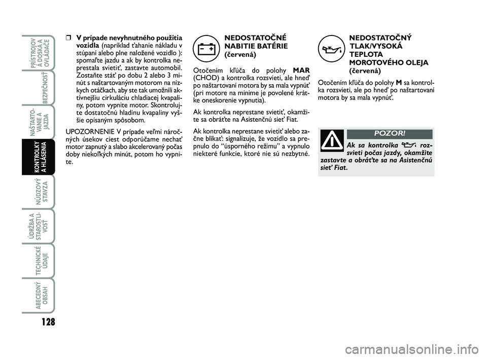 FIAT SCUDO 2013 Návod na použitie a údržbu (in Slovak) NEDOSTATOČNÝ
TLAK/VYSOKÁ
TEPLOTA
MOROTOVÉHO OLEJA
(červená)
Otočením kľúča do polohy M sa kontrol-
ka rozsvieti, ale po hneď po naštartovaní
motora by sa mala vypnúť.
v
Ak sa kontrolka FIAT SCUDO 2013 Návod na použitie a údržbu (in Slovak) NEDOSTATOČNÝ
TLAK/VYSOKÁ
TEPLOTA
MOROTOVÉHO OLEJA
(červená)
Otočením kľúča do polohy M sa kontrol-
ka rozsvieti, ale po hneď po naštartovaní
motora by sa mala vypnúť.
v
Ak sa kontrolka