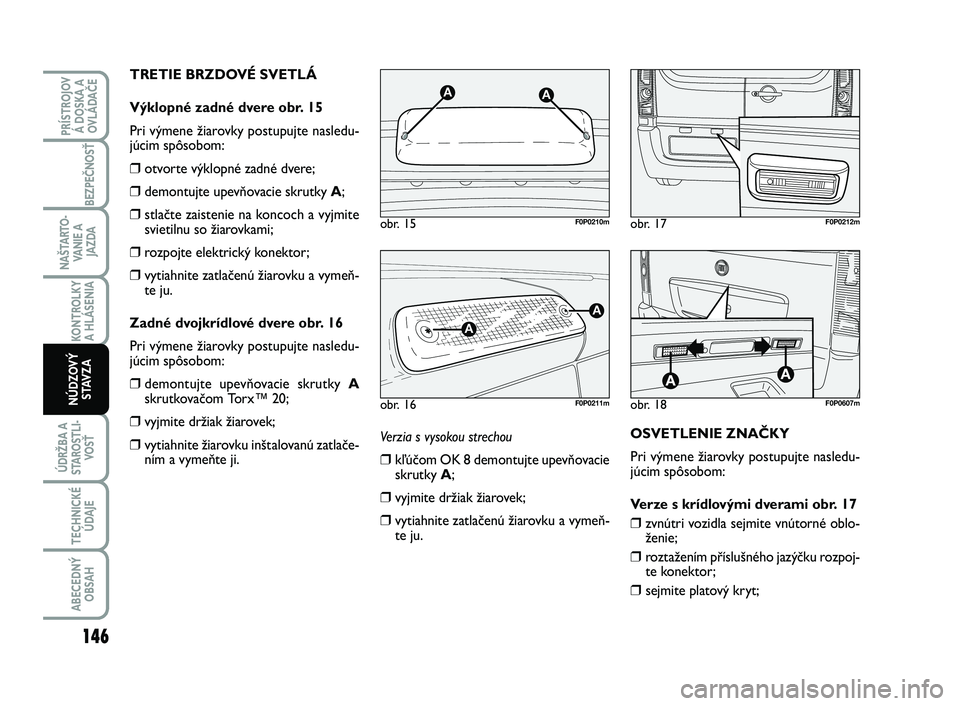 FIAT SCUDO 2013 Návod na použitie a údržbu (in Slovak) Verzia s vysokou strechou
❒kľúčom OK 8 demontujte upevňovacie
skrutky A;
❒vyjmite držiak žiarovek;
❒vytiahnite zatlačenú žiarovku a vymeň-
te ju.OSVETLENIE ZNAČKY
Pri výmene žiarovk FIAT SCUDO 2013 Návod na použitie a údržbu (in Slovak) Verzia s vysokou strechou
❒kľúčom OK 8 demontujte upevňovacie
skrutky A;
❒vyjmite držiak žiarovek;
❒vytiahnite zatlačenú žiarovku a vymeň-
te ju.OSVETLENIE ZNAČKY
Pri výmene žiarovk
