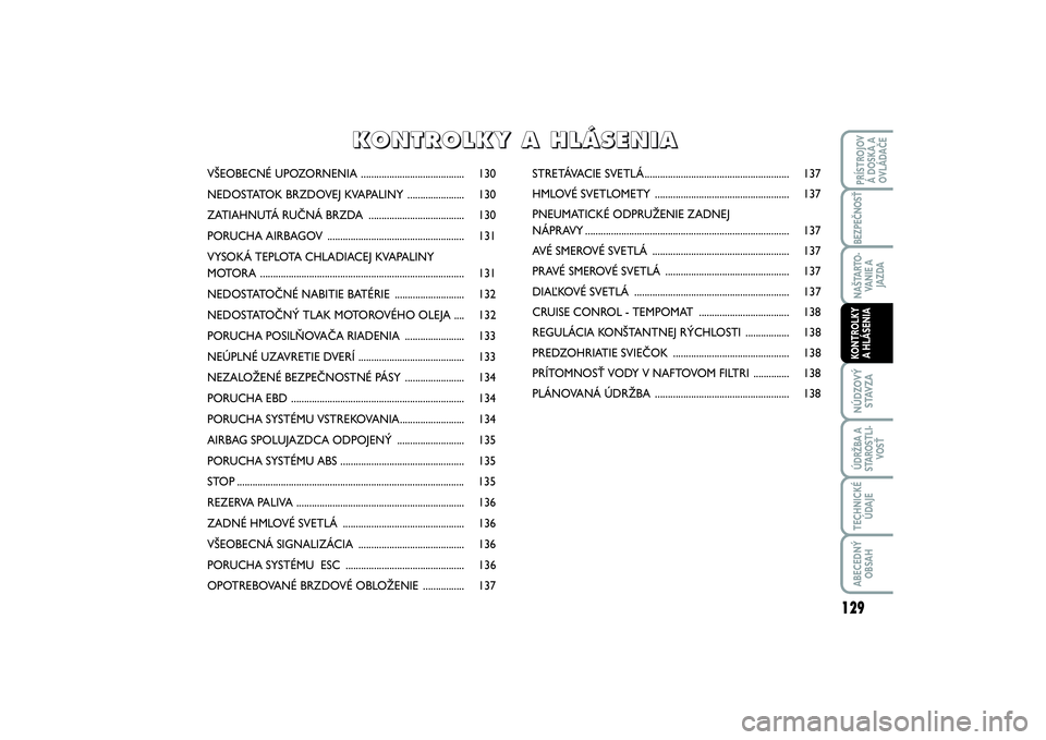 FIAT SCUDO 2014 Návod na použitie a údržbu (in Slovak) 129
NÚDZOVÝ
STAVZAÚDRŽBA A
STAROSTLI-
VOSŤTECHNICKÉ
ÚDAJEABECEDNÝ
OBSAHPRÍSTROJOV
Á DOSKA A
OVLÁDAČEBEZPEČNOSŤNAŠTARTO-
VA N I E A
JAZDAKONTROLKY
A HLÁSENIA
VŠEOBECNÉ UPOZORNENIA . FIAT SCUDO 2014 Návod na použitie a údržbu (in Slovak) 129
NÚDZOVÝ
STAVZAÚDRŽBA A
STAROSTLI-
VOSŤTECHNICKÉ
ÚDAJEABECEDNÝ
OBSAHPRÍSTROJOV
Á DOSKA A
OVLÁDAČEBEZPEČNOSŤNAŠTARTO-
VA N I E A
JAZDAKONTROLKY
A HLÁSENIA
VŠEOBECNÉ UPOZORNENIA .