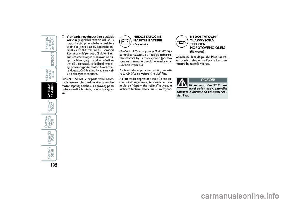 FIAT SCUDO 2014 Návod na použitie a údržbu (in Slovak) NEDOSTATOČNÝ
TLAK/VYSOKÁ
TEPLOTA
MOROTOVÉHO OLEJA
(červená)
Otočením kľúča do polohy M sa kontrol-
ka rozsvieti, ale po hneď po naštartovaní
motora by sa mala vypnúť.
v
Ak sa kontrolka FIAT SCUDO 2014 Návod na použitie a údržbu (in Slovak) NEDOSTATOČNÝ
TLAK/VYSOKÁ
TEPLOTA
MOROTOVÉHO OLEJA
(červená)
Otočením kľúča do polohy M sa kontrol-
ka rozsvieti, ale po hneď po naštartovaní
motora by sa mala vypnúť.
v
Ak sa kontrolka