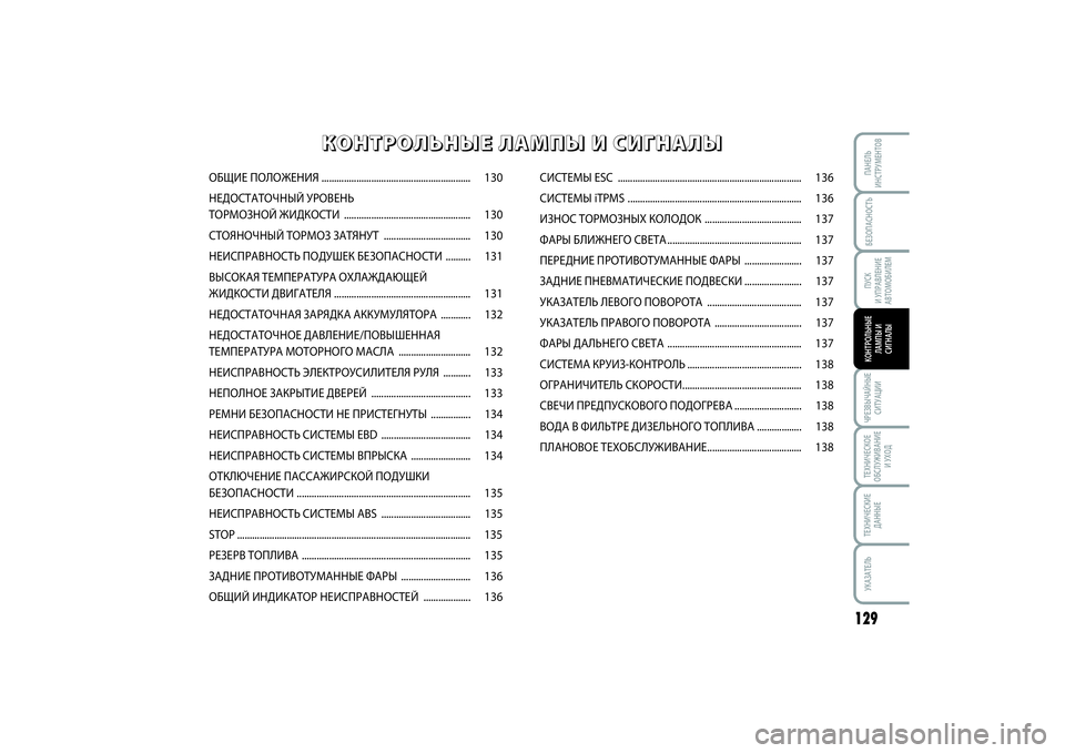 FIAT SCUDO 2016  Руководство по эксплуатации и техобслуживанию (in Russian) БЕЗОПАСНОСТЬПУСК 
И УПРАВЛЕНИЕ
АВТОМОБИЛЕМ
129
ЧРЕЗВЫЧАЙНЫЕ
СИТУАЦИИТЕХНИЧЕСКОЕ
ОБСЛУЖИВАНИЕ
И УХОДТЕХНИЧЕ�