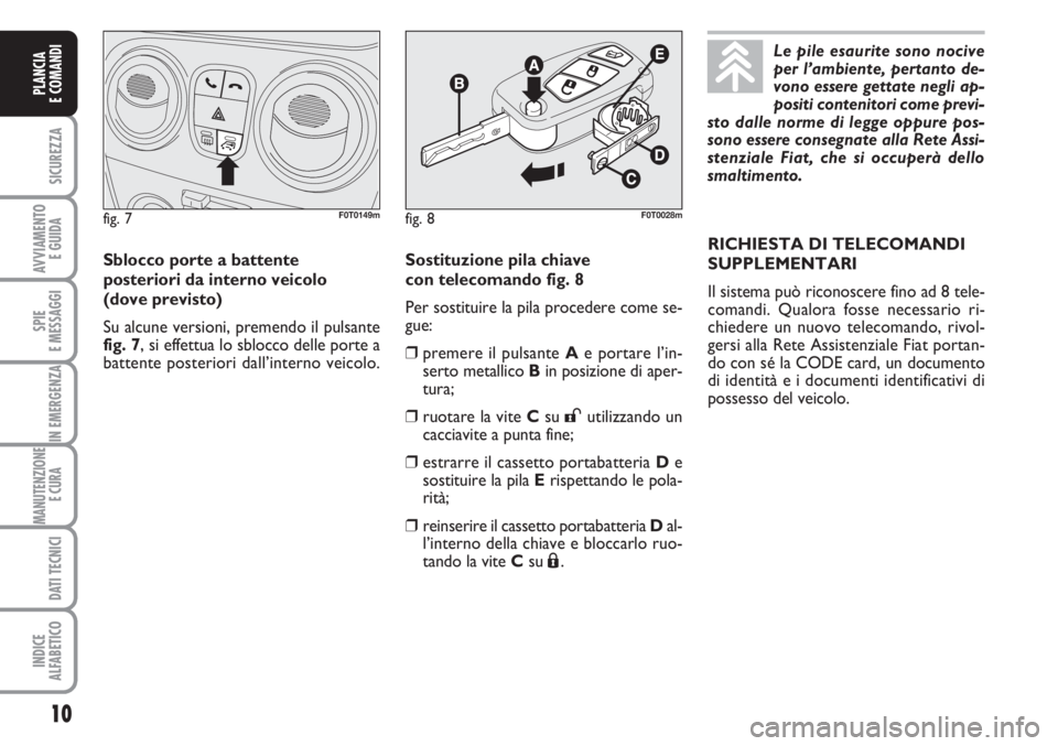 FIAT FIORINO 2007  Libretto Uso Manutenzione (in Italian) 10
SICUREZZA
AVVIAMENTO 
E GUIDA
SPIE
E MESSAGGI
IN EMERGENZA
MANUTENZIONE
E CURA 
DATI TECNICI
INDICE
ALFABETICO
PLANCIA
E COMANDI
Sostituzione pila chiave 
con telecomando fig. 8
Per sostituire la p